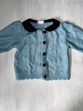 Vintage Girls' Light Blue Knit Cardigan with velvet Collar
